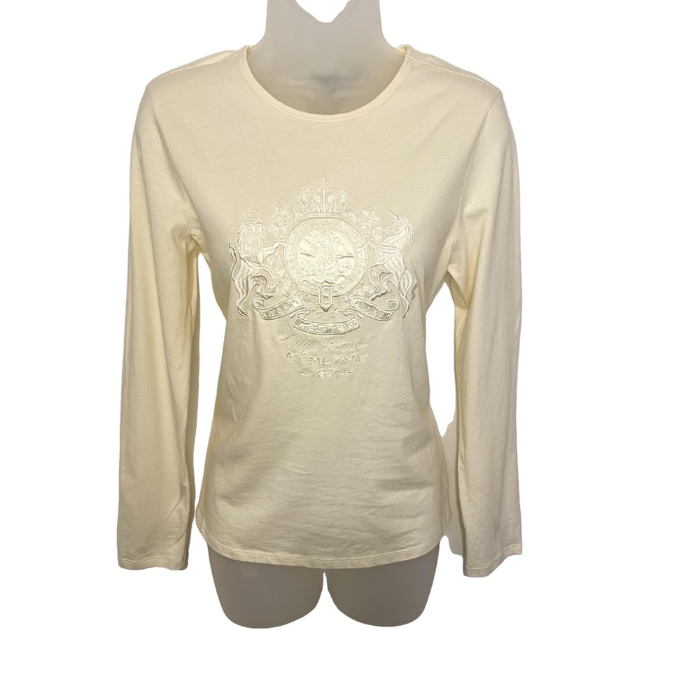 Vintage 90’s Lauren Ralph Lauren M Top Crest Lion Unicorn Cream Bead Crown Women